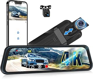 CAMECHO 4K Mirror Dash Cam with WiFi, 9.66" Full Touch Screen Rear View Mirror Camera for Cars & Trucks, Front and Rear Dual Cameras, Night Vision, G-Sensor, Parking Assistance, Loop Recording
