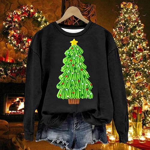 Miniatura 2 de Mujeres Árbol Navidad Jersey Camisas Manga Larga Cuello Redondo Túnica Top Ropa Linda Suelta Vacaciones Sudaderas