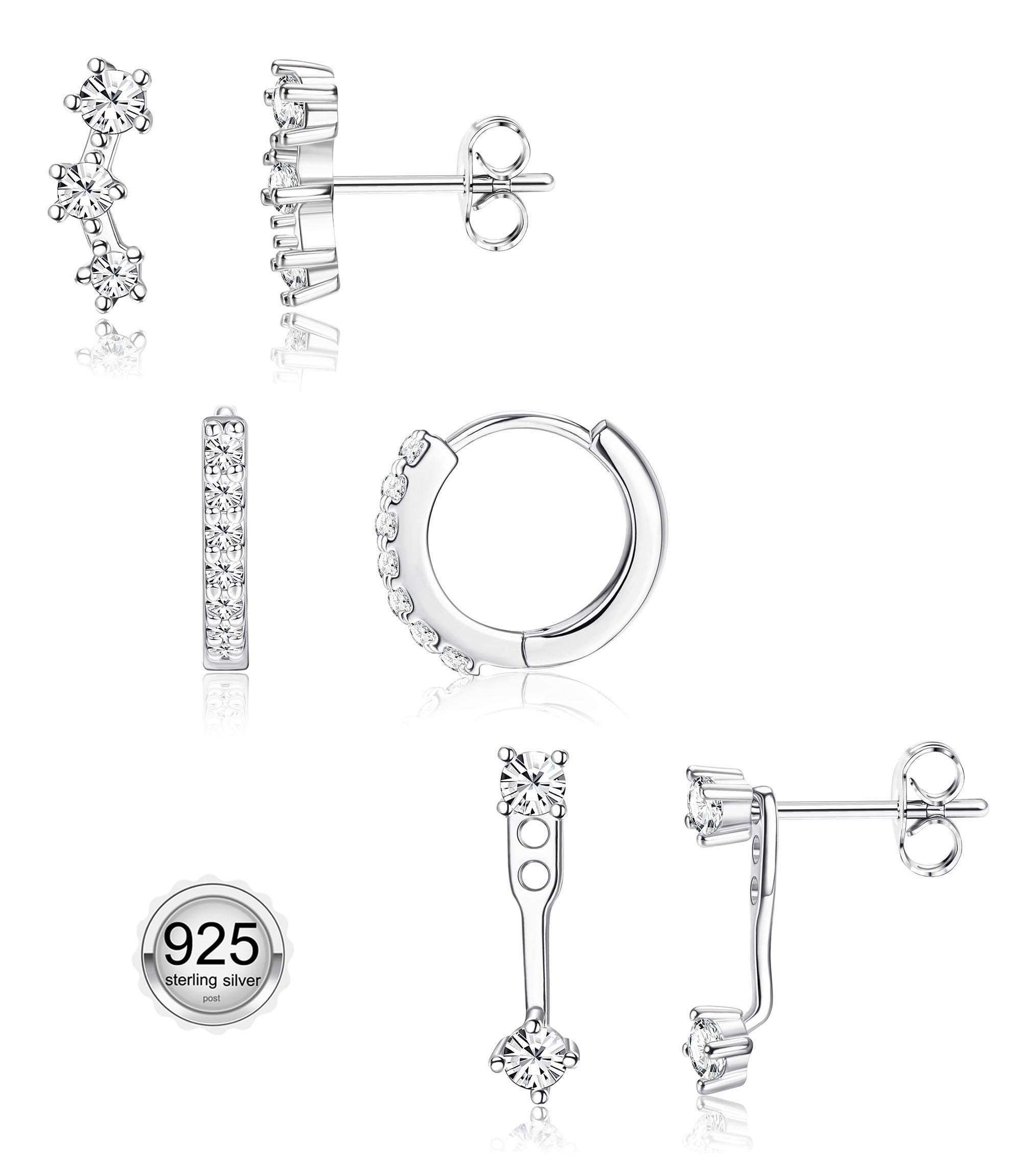 3 Pairs 925 Sterling Silver Hypoallergenic Earrings Set for Multiple Piercing Dainty 14K Gold Plated Stud Huggie Small Hoop Earrings for Women Trendy Cute Earring Stacks for Sensitive Ears