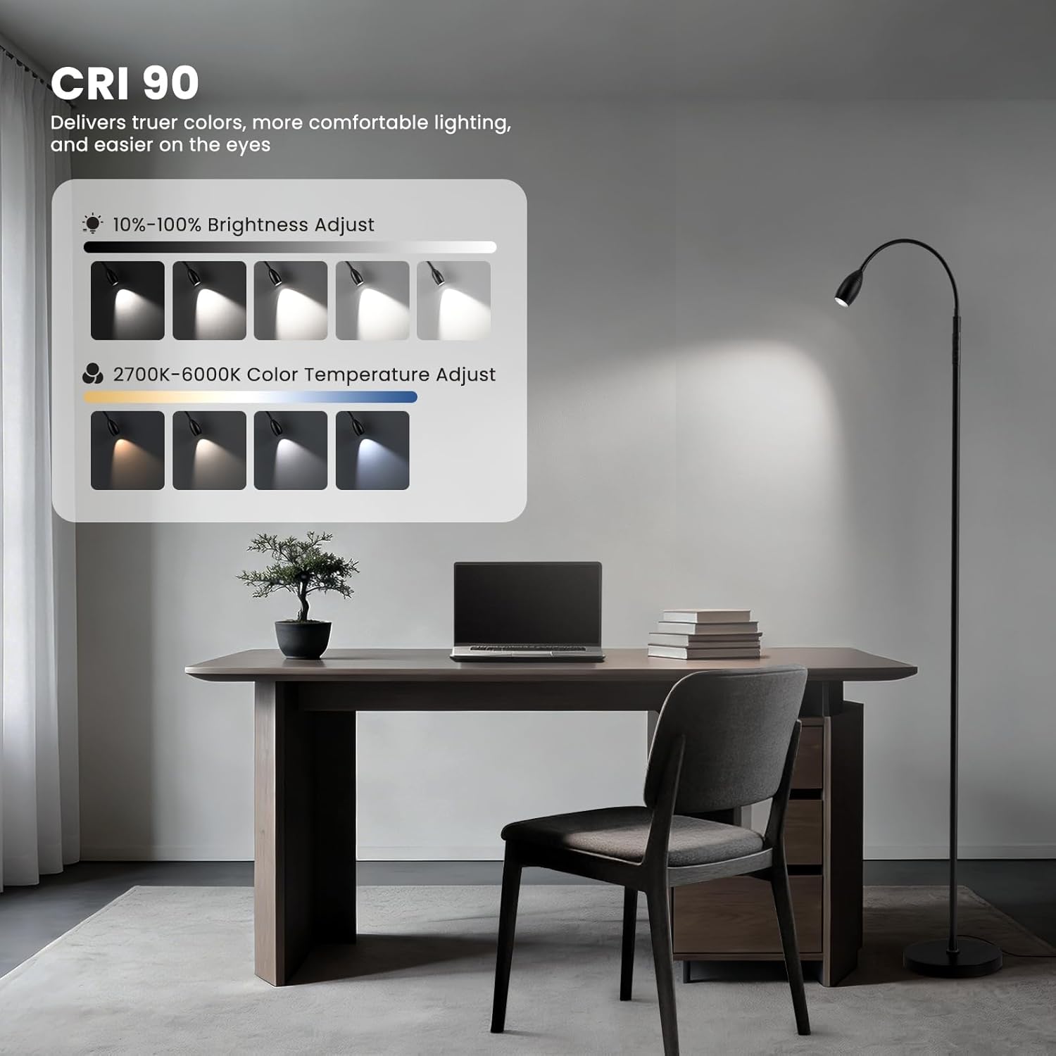 Reading Floor Lamp, Dimmable LED Floor Lamp with Remote, Standing Lamp with Flexible Gooseneck, Zoomable Spotlight, Reading Light, Task Crafting Tall Lamps for Living Room Office Bedroom