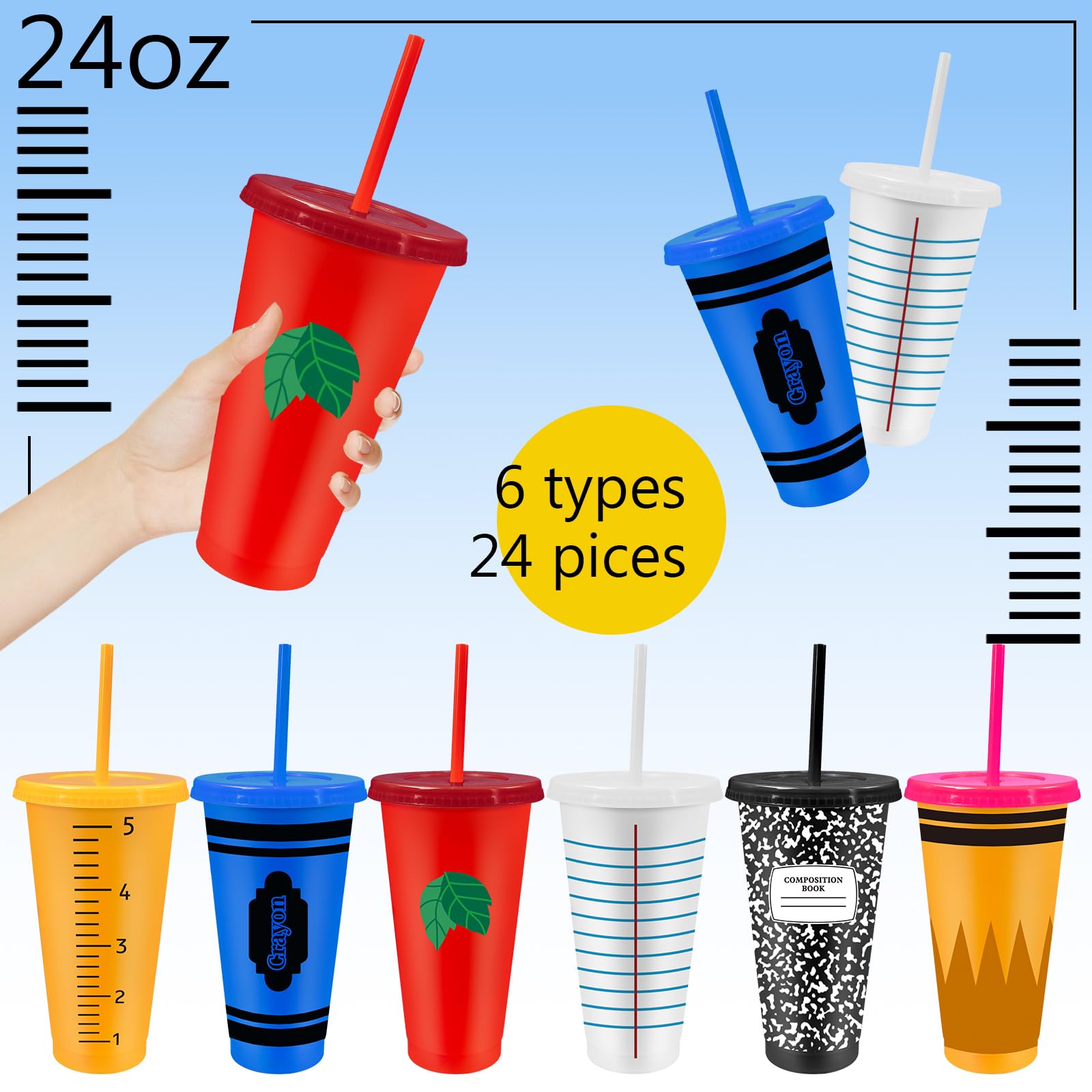 Lot de 24 gobelets réutilisables en plastique avec couvercle et paille - 710 ml - Pour cadeaux de fête, d'anniversaire, d'échange de salle de classe - Motifs de papeterie