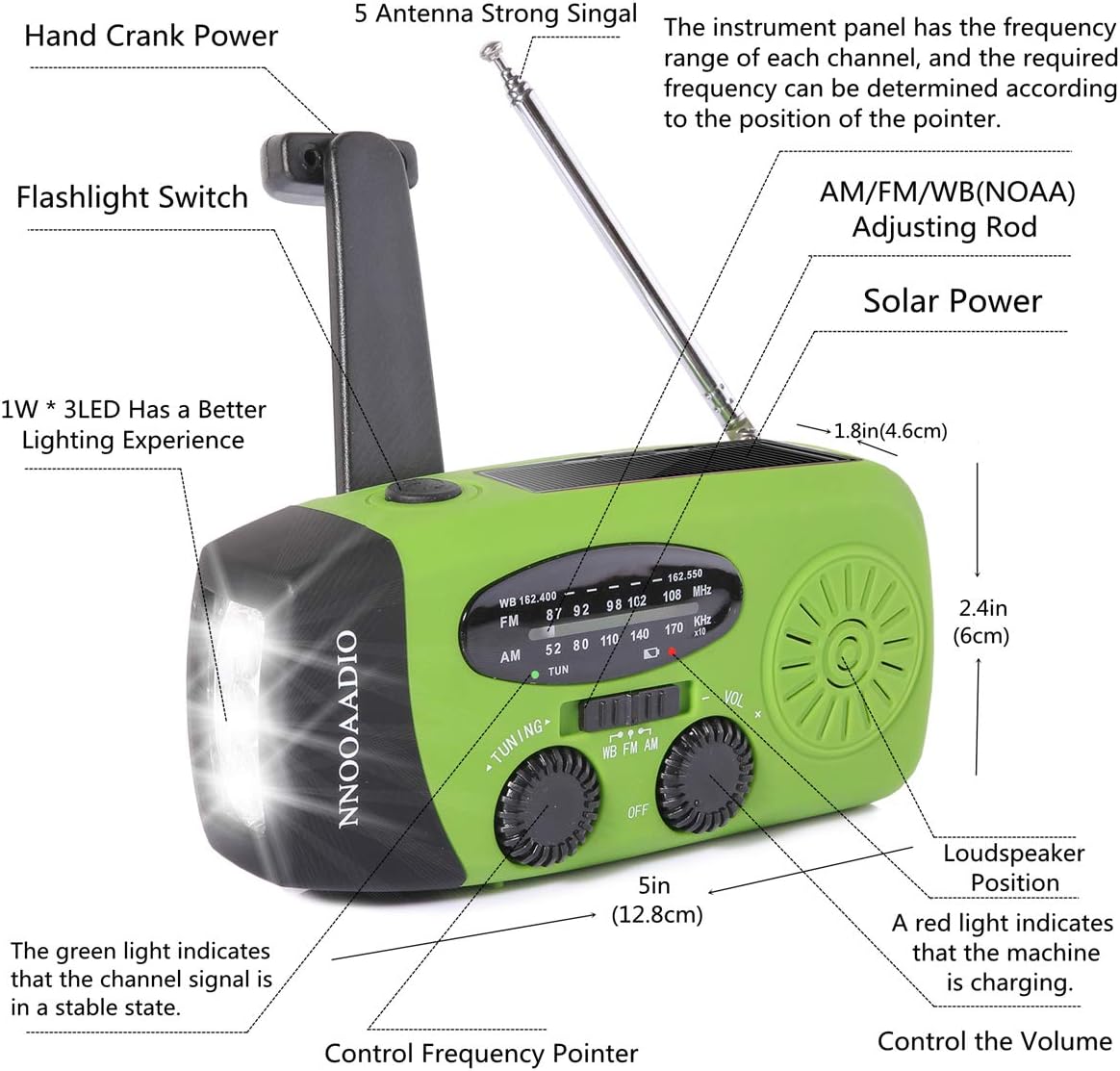 1200mAh Emergency Weather Radio, 3LED Hand Crank Solar Battery Operated Wind Up Radio Flashlight, NOAA AM FM Portable Radio Cell Phone Charger Survival Kit (Green) : Electronics