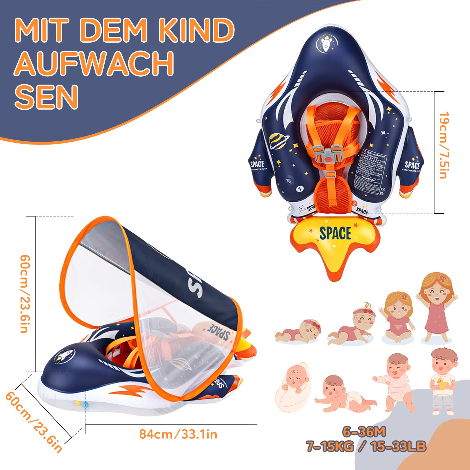IEEILULU Schwimmring Baby, Baby Schwimmreifen mit Abnehmbarem Sonnenschutz und Sicherheitssitz, Schwimmreifen Wasserspielzeug für Pool, Strand und Schwimmbad ab 6 Monaten