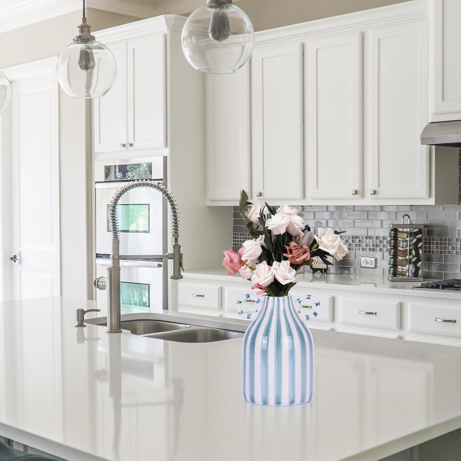 Ceramic Green and White Striped Vase, Hand-Painted Modern Minimalist Bohemian Decor, Central Dining Table, Kitchen Tabletop, Bookshelf, Bedroom Aesthetic Decoration (White Green) - Image 2