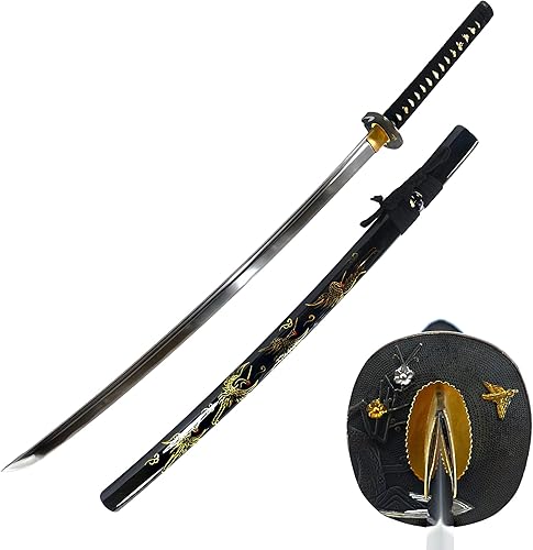 Makoto Espada katana samurái negra afilada de 41 pulgadas, pintada a mano, vaina negra de alto brillo