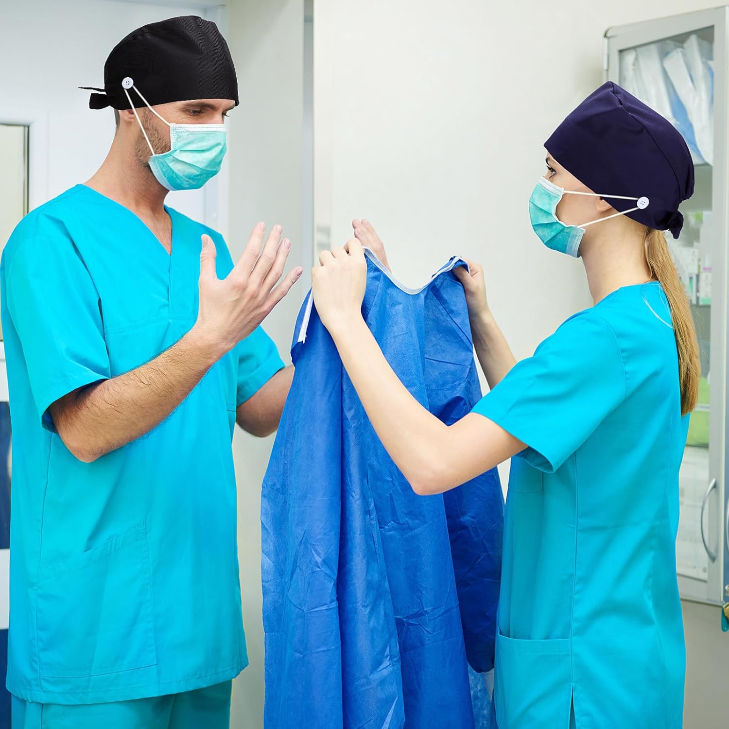 Geyoga 6 Pcs Bouffant Scrub Caps Working Surgical Cap Nurse Hats with Buttons and Sweatband Adjustable Tie Back Hat Women Men - Image 7