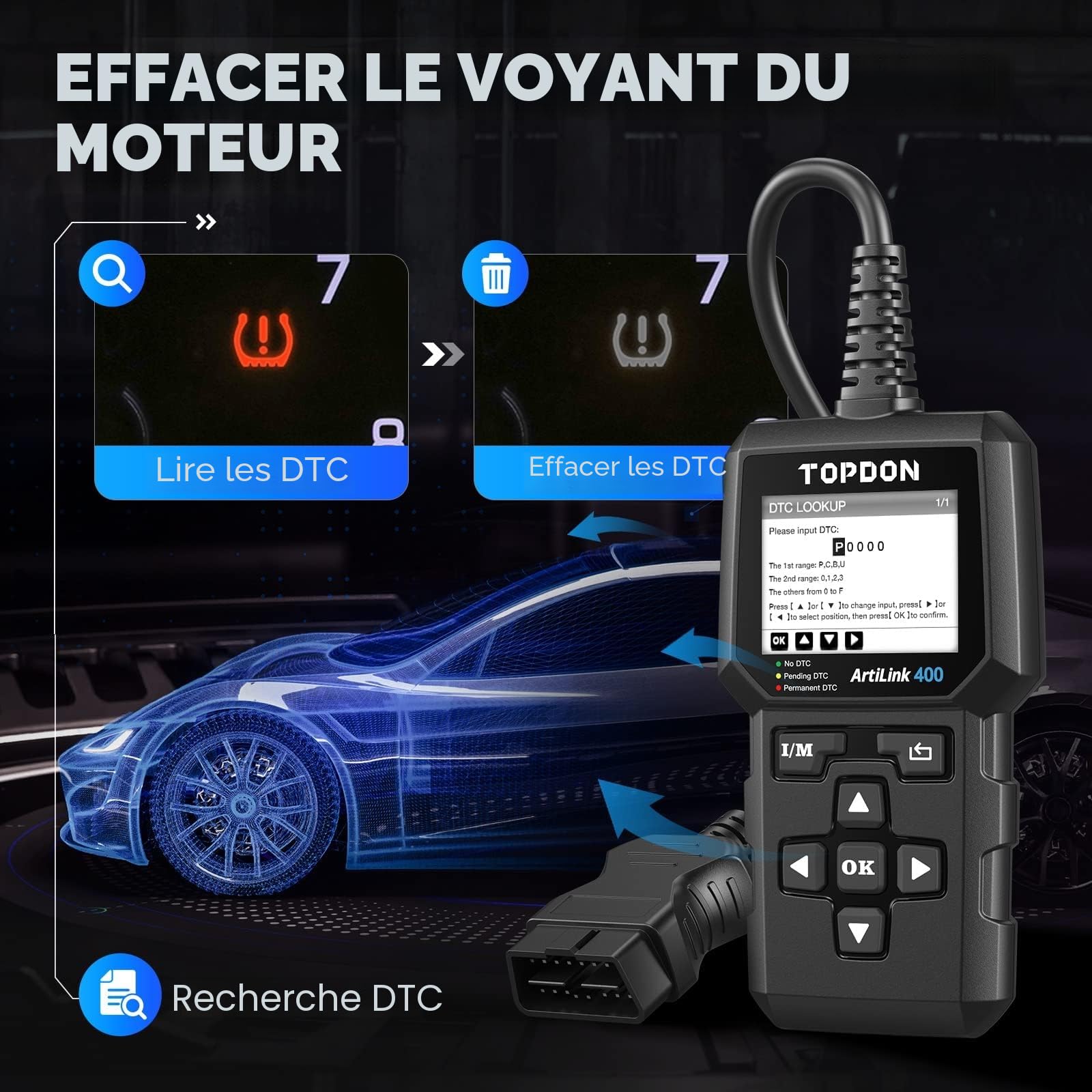 TOPDON AL400 Lecteur de Codes OBD2, 10 Fonctions OBD2, Vérification du Voyant Moteur/Test d'émissions polluantes/Test du capteur O2 / EVAP, Mise à Jour Gratuite à Vie