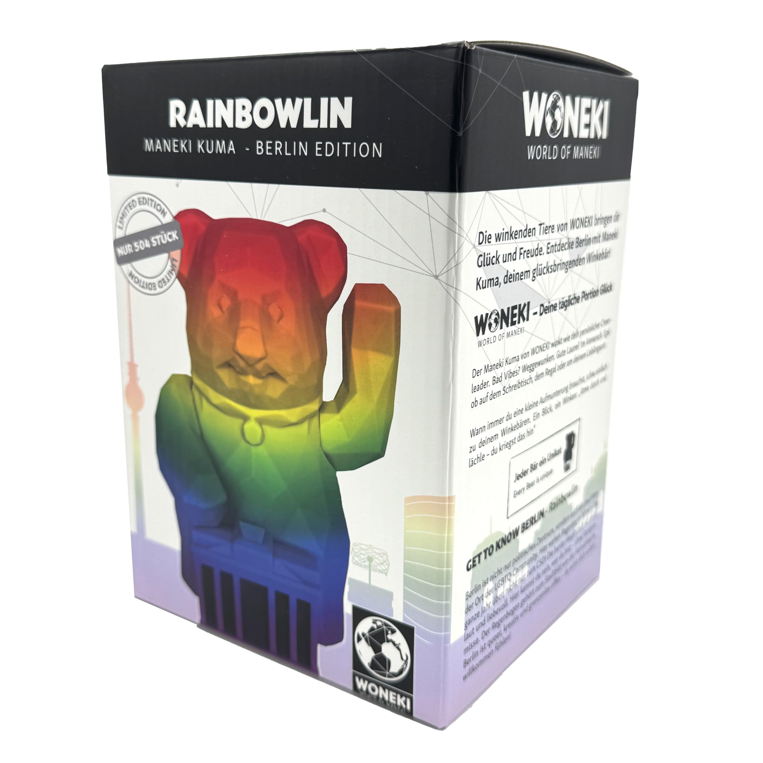 Maneki Kuma Serie III – Original Woneki Winkebär Rainbowlin – Limitierte Sammleredition, Glücksbringer Bär, bunt, Berlin Design, 12,5x15x11 cm