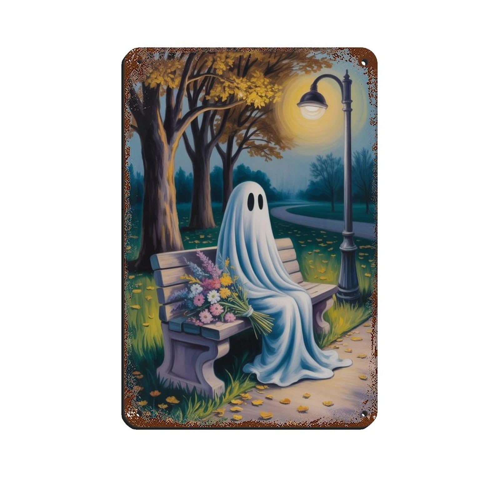 Ghost with Flowers on The Bench Poster (2) Tin Sign Vintage Metal Pub Club Cafe Bar Home Wall Art Decoration Poster Retro 8x12inch(20x30cm)