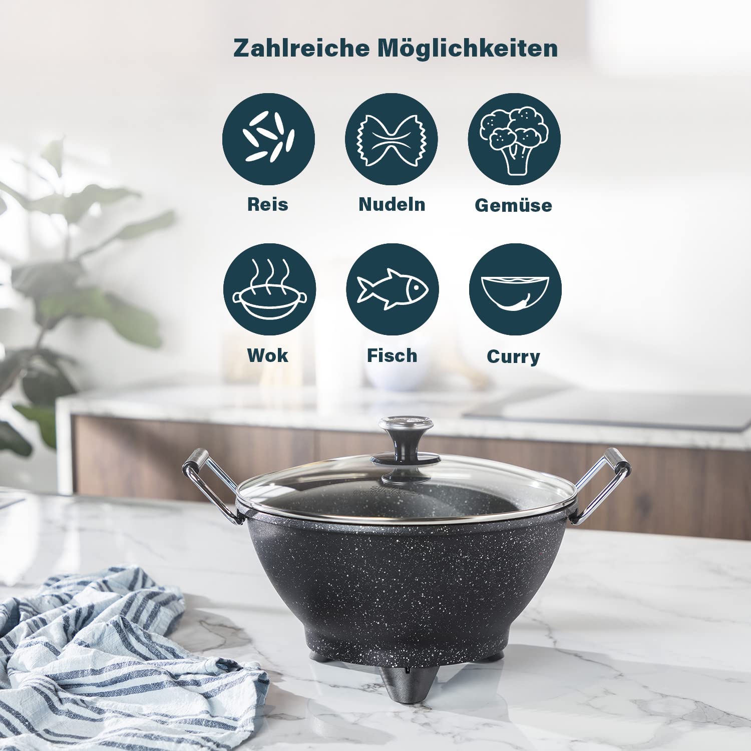 Princess Stir-Fry Elektro-Wok - 1400 Watt, 7 Liter, 35 cm Durchmesser, Regulierbarer Thermostat, Marmorbeschichtung, Schwarz, 162389