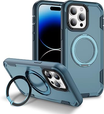 Magnetic Case for iPhone 14 Pro with Ring Stand, Matte Blue HR