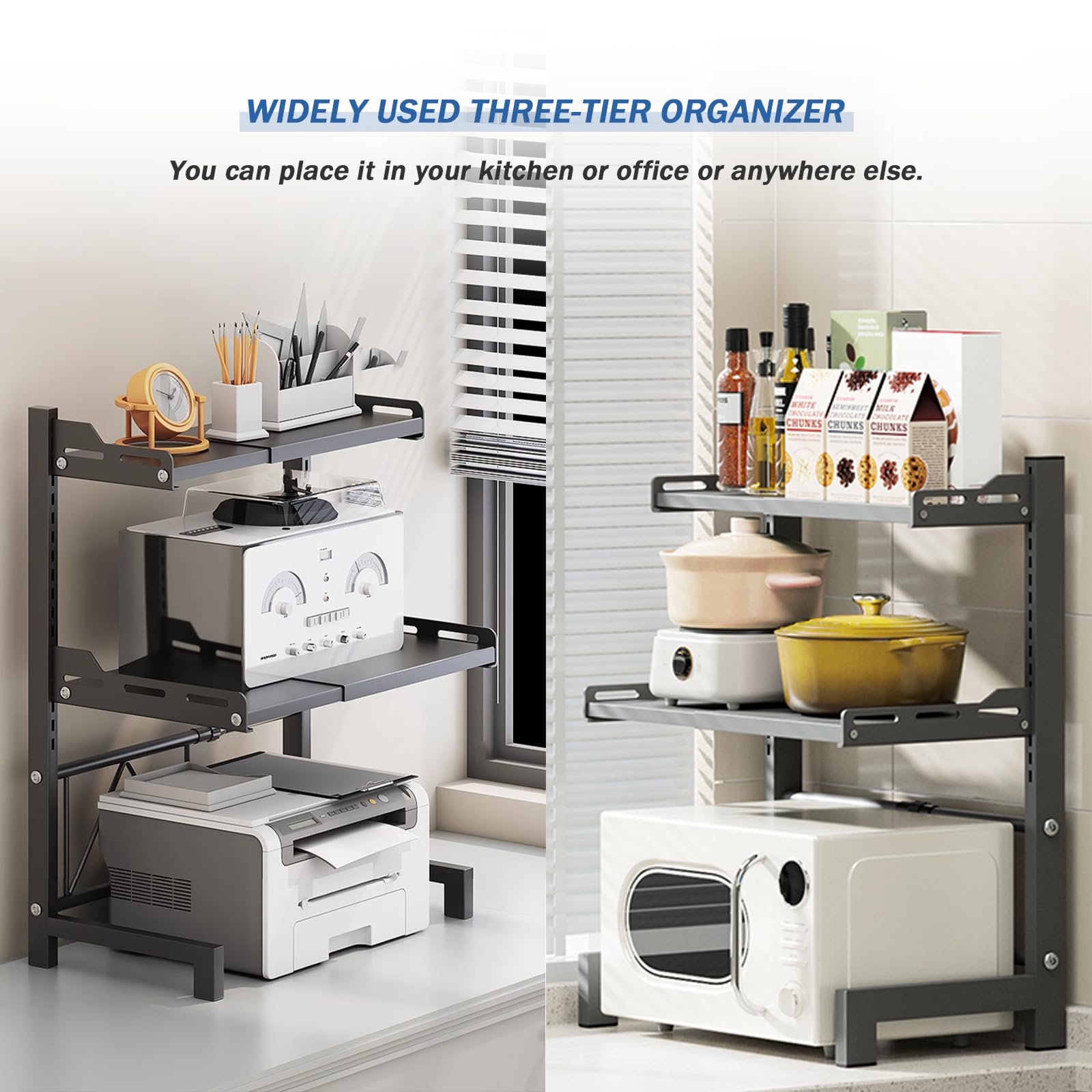 Supporto per forno a microonde, 3 livelli allungabile (14,2 ''-24,4 '') regolabile tramite forno a microonde, scaffale con 8 ganci, cucina a microonde, forno a microonde, supporto a ventosa, nero