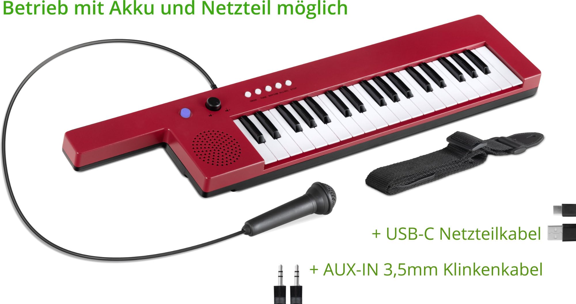 McGrey KT-3712 Kinderkeyboard - 37 Tasten - Keytar inklusive Tragegurt und Mikrofon - Betrieb über Akku und USB-Netzteil möglich - 4 Klangfarben, 4 Begleitrhythmen und 10 Demosongs - Rot