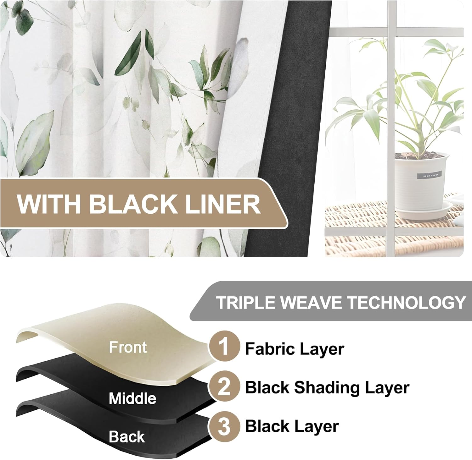 CSFOTO Plant Leaves Blackout Curtains 2 Panels Spring Watercolor Eucalyptus Leaves Abstract Pattern Bedroom Living Room Decoration Curtains Thermal Insulated Light Blocking, 42x84 Inches