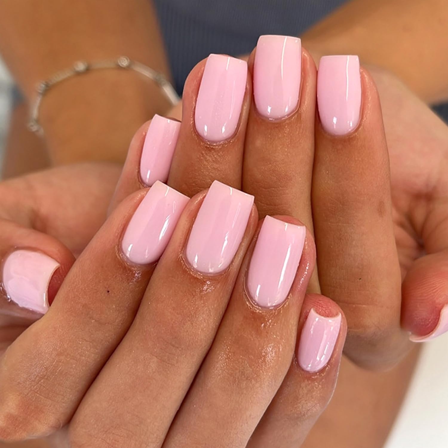 Vopintpy Pink Solid Color Press on Nails Medium Square Fake Nails Glossy Artificial Stick on Nail Reusable Full Cover Glue on Nail for Women DIY