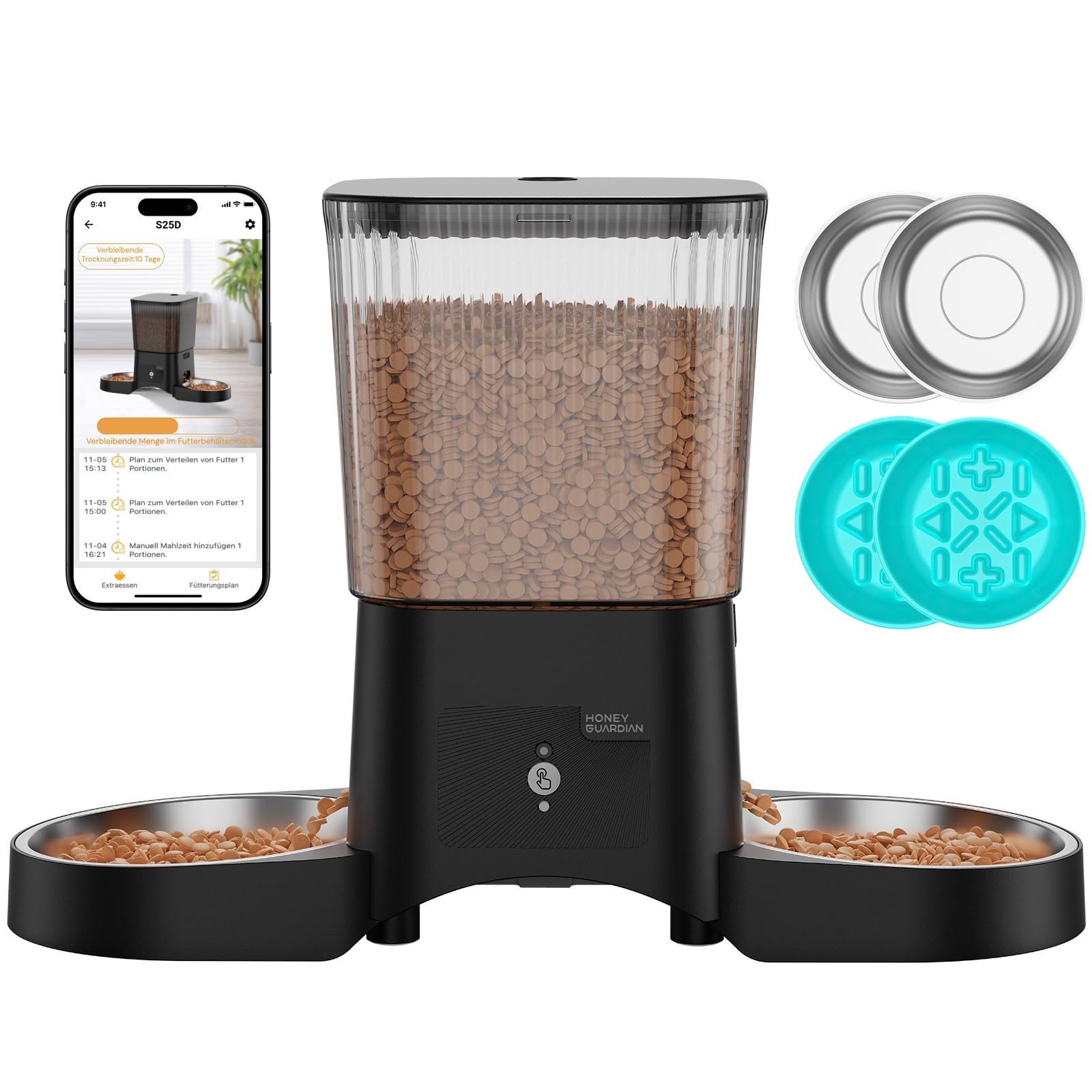 Futterautomat Katze 2 Näpfe mit APP, HONEYGUARDIAN 5G WiFi Intelligenter Katzenfutter Automat, Automatischer Futterspender Katze Hund mit 4 Schüsseln (Edelstahl+Langsame Schüssel), Einfache Bedienung
