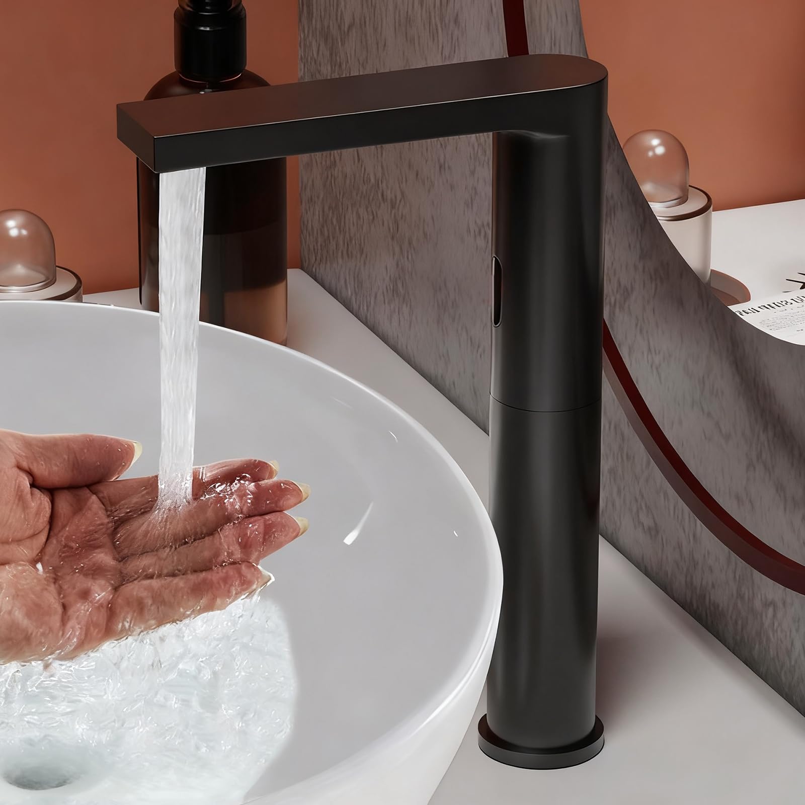 XJTNLB Wasserhahn Bad Automatik Waschbecken Armaturen Infrarot Schwarz Waschtischarmatur Hoch Sensor Batteriebetrieben Wasserhahn Warm Kalt