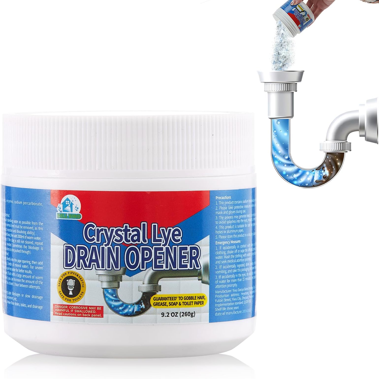 BELL BIRD Drain Opener,Powerful Unclogging,Crystal lye, Sodium hydroxide, Unclog drains, Bathroom sinks, Kitchen sinks, Shower pipes (1 PSC, Gram, 260)