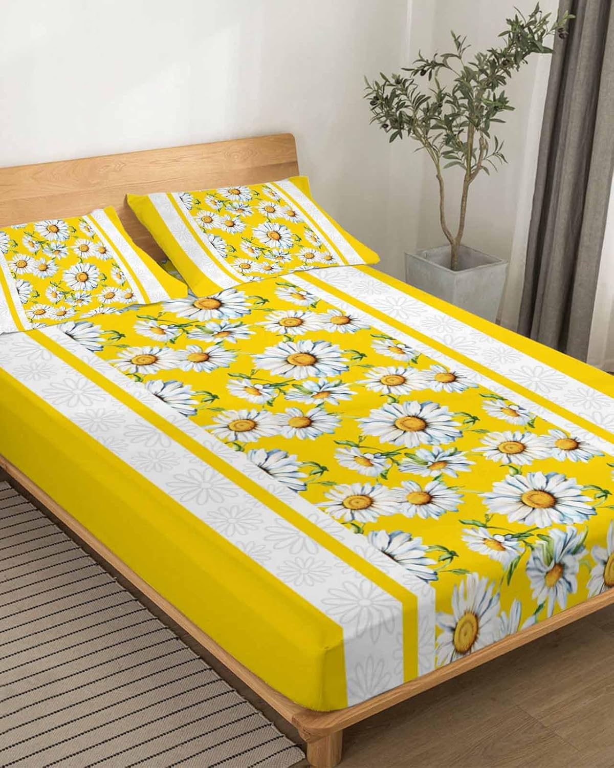 4 Piece Cal. King Sheet Set Yellow Daisy Sheets Set for Cal. King Size Bed, Breathable Soft Microfiber Bed Sheets Farmhouse Floral Yellow Striped Fitted Sheet Deep Pocket, Pillowcases