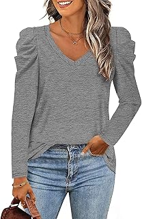 Sponsored Ad - LCXWFE Womens Tunic Tops Puff Sleeve Casual V Neck Long Sleeve Shirts Solid Color S-2XL