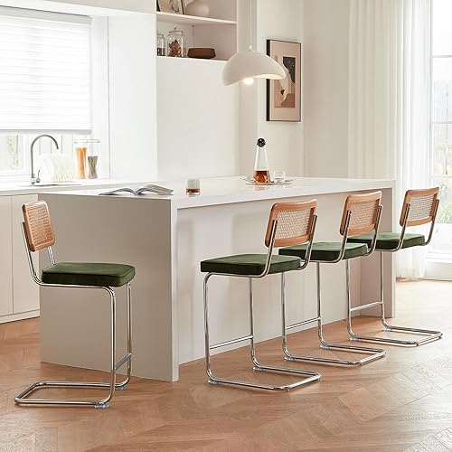 Miniatura 11 de Juego de 2 taburetes de bar de ratán natural con respaldo de madera maciza, taburetes modernos de mediados de siglo de altura de mostrador, taburete