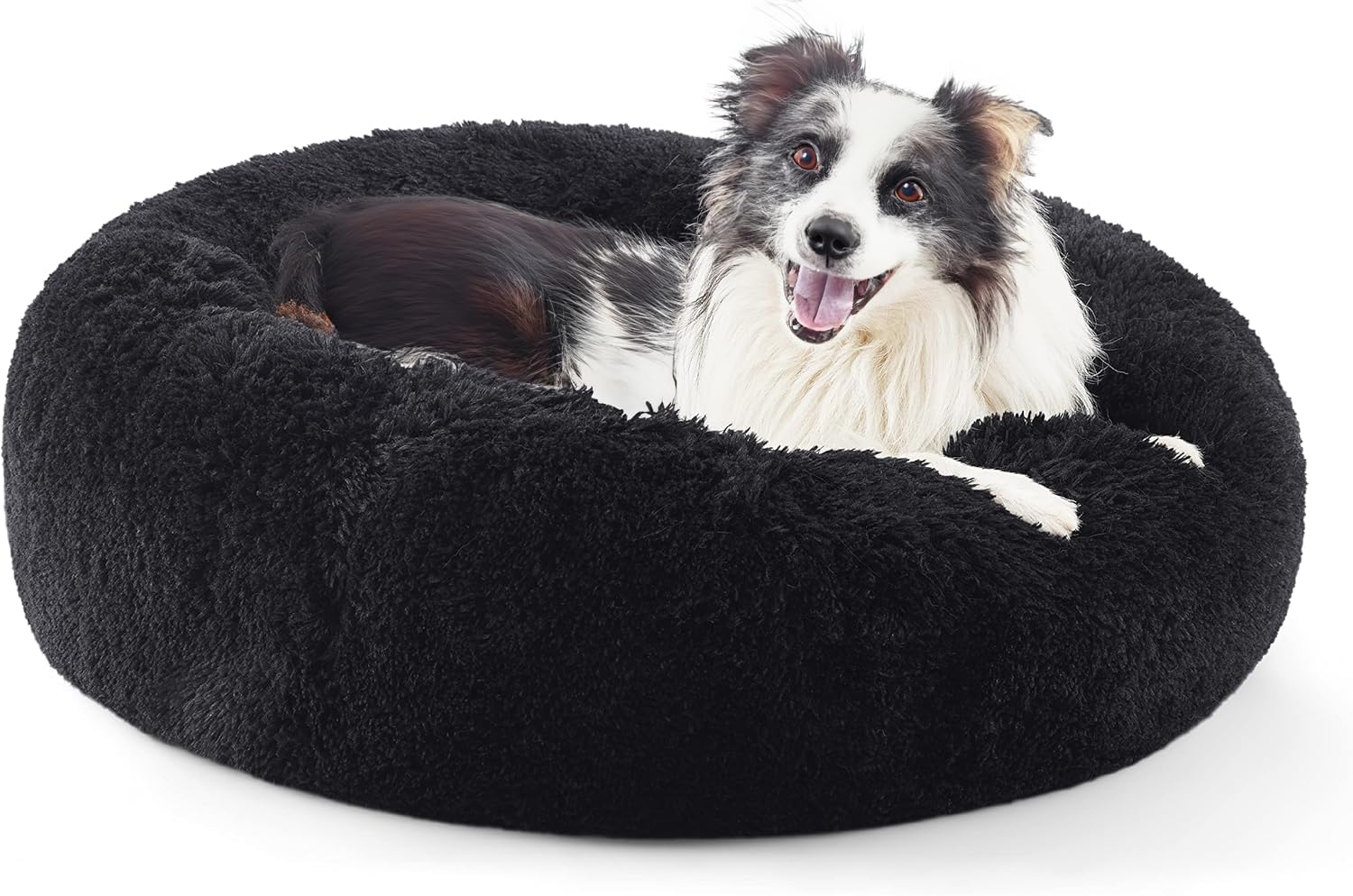 SEOUGEE Calming Donut Dog Bed, Fluffy Plush Round Cat Bed, Cosy Soft Washable Cushion Self-Warming Pet Beds with Non-Slip Bottom, Indoor Sleeping Cuddler Nest for Medium Large Dogs (Black 90cm)