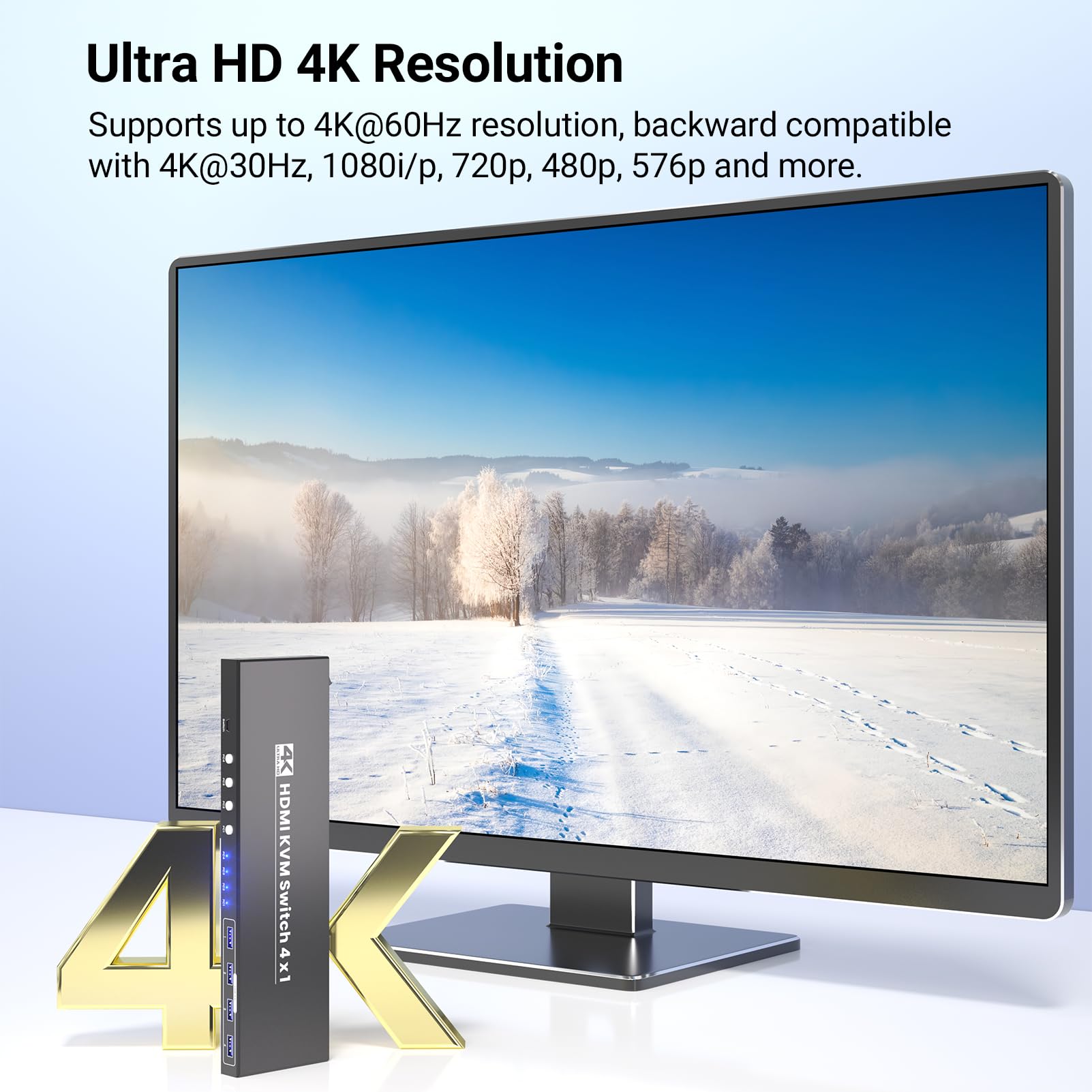 Przełącznik HDMI KVM 1 monitor 4 komputery, USB 3.0 4K / 60 Hz 4-portowy przełącznik HDMI KVM 4 PC do udostępniania 1 monitora, klawiatury, myszy i innych urządzeń USB