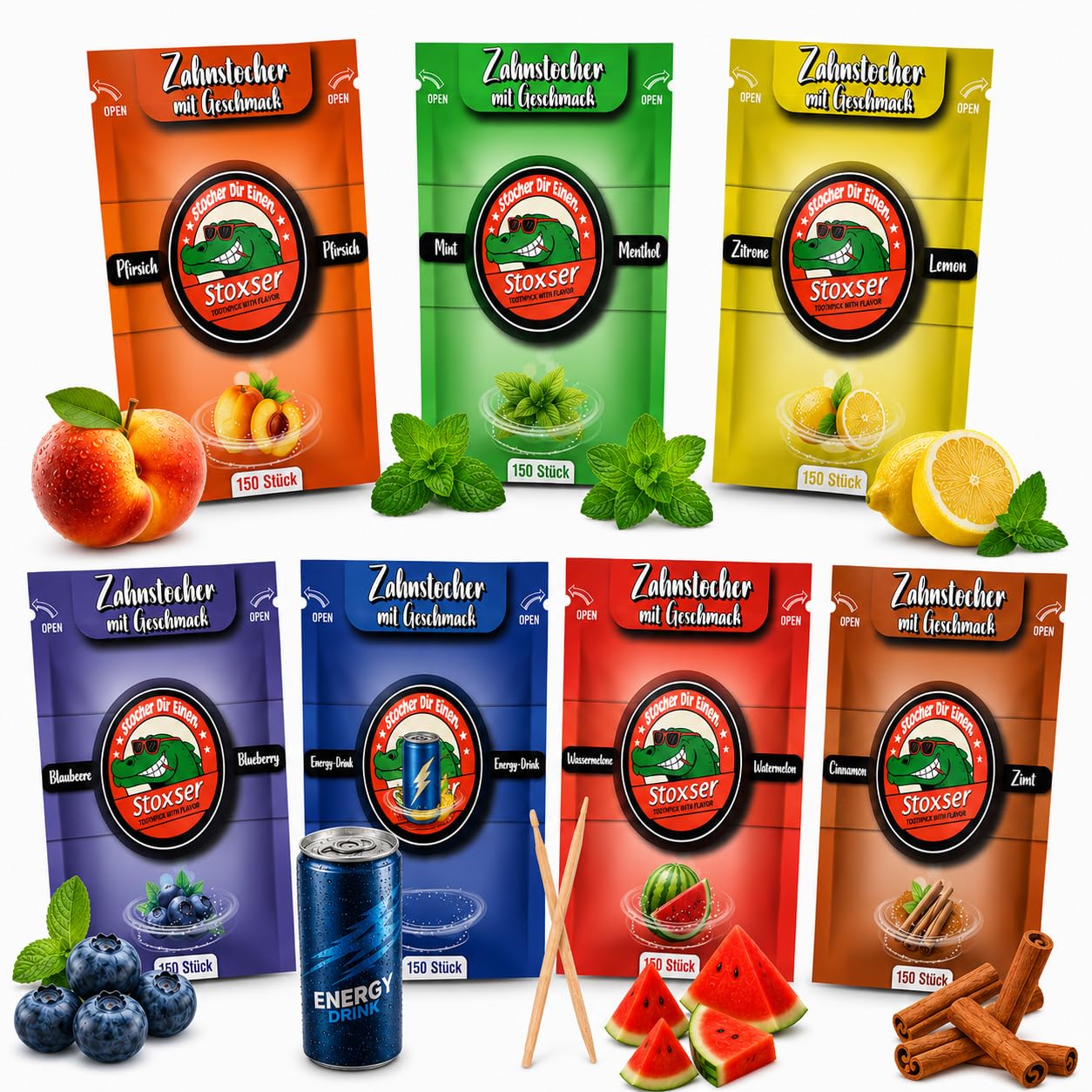 1050x Zahnstocher mit Geschmack 7er Pack Energy Drink Pfirsich und Blaubeere und Zitrone/Lemon und Mint/Menthol Wassermelone/Zimt Zahnstocher Geschmack Kein Kaugummi Zuckerfrei