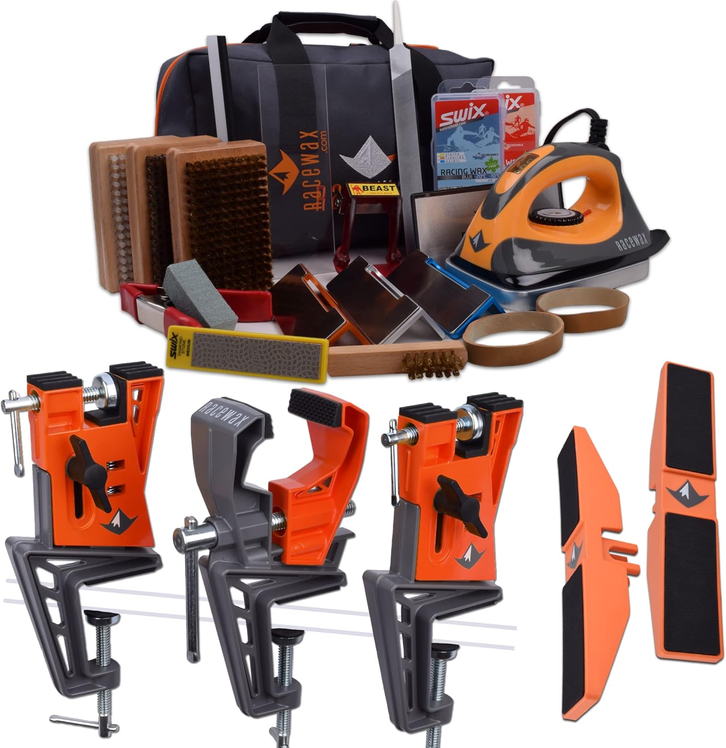 RaceWax Pro Tune Ski Wax Tuning Kit + Metal World Cup Ski Vise + Snowboard Adapter
