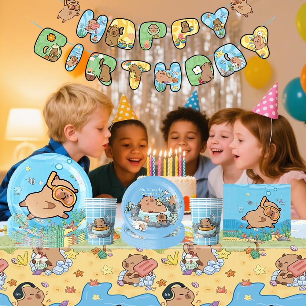 Set Vaisselle Capybara Anniversaire - Assiettes, Gobelets, Serviettes Et Nappe Thème Capybara