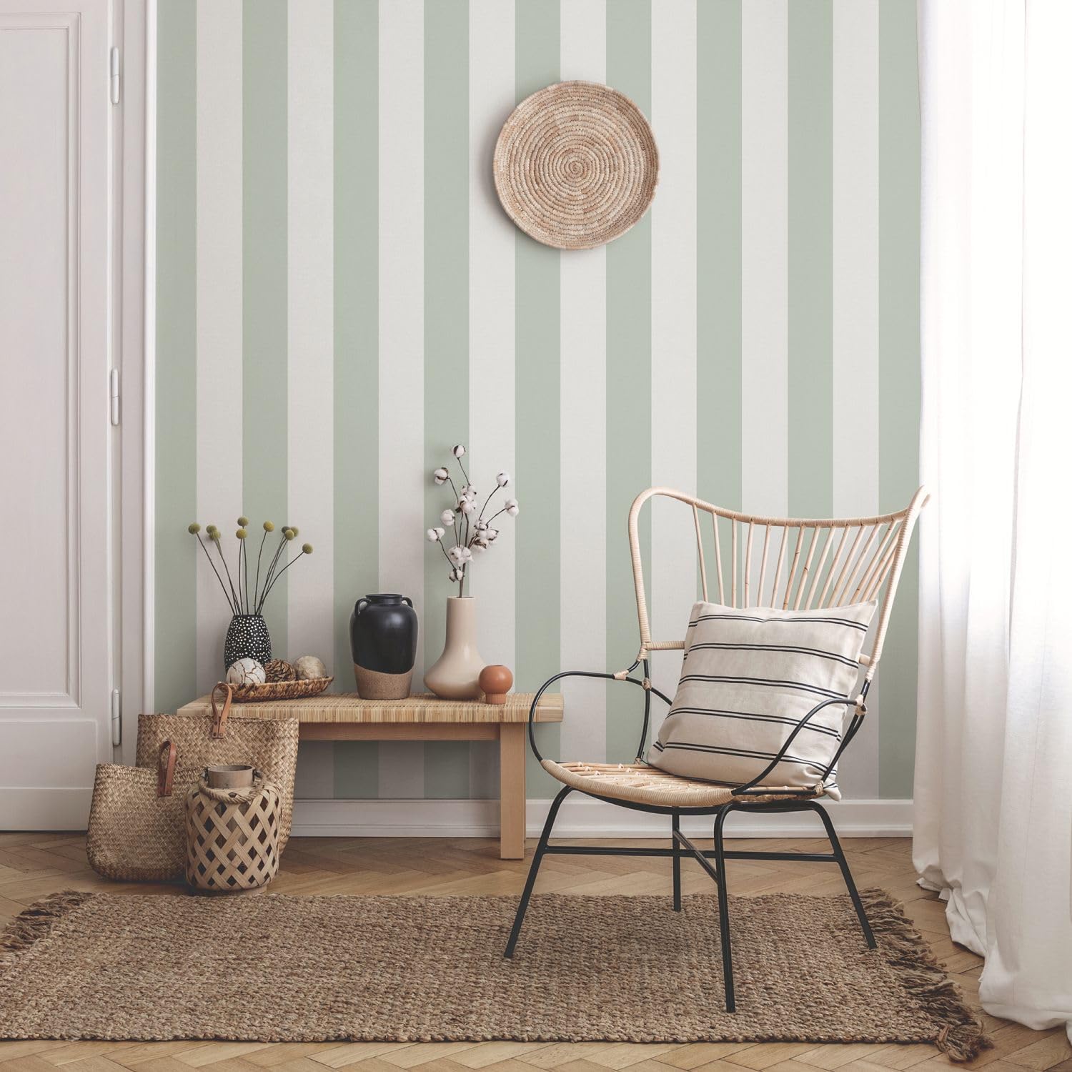 Sanders & Sanders papel pintado rayas verde y beige 53 cm x 10.05 m