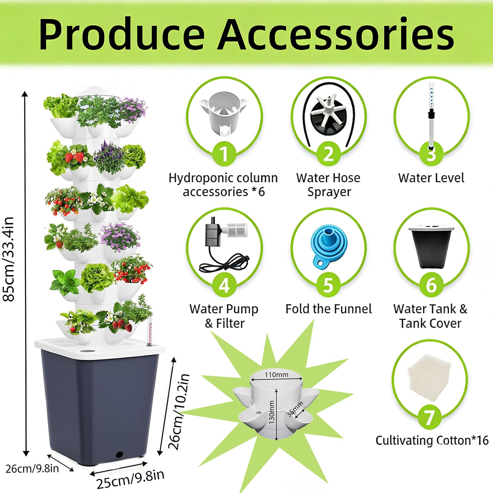 Hydroponic Growing Tower, Hydroponie Kit Complet 30/45 Trous, kit de Culture aéroponique pour Herbes, Fruits et légumes avec Pompe hydratante, Adaptateur, Pots en Filet