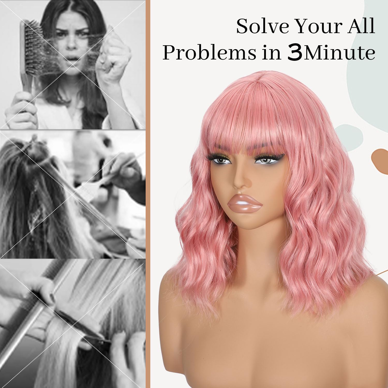 onyxrose Bob Wavy Wig with Bangs for Women Short Wavy Wig for Daily Party Cosplay Synthetic Wig Shoulder Length Natural Color Hair（Pink）