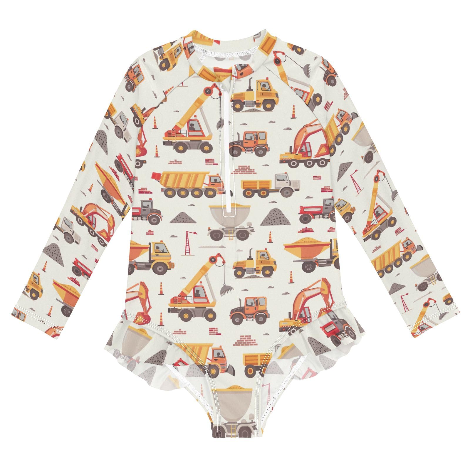 CHIFIGNO Cartoon Construction Vehicles Beige One Piece Girls Swimsuit Rashguard UPF 50+ Long Sleeve Girls' Swimwear Sport Bathing Suit, 4T