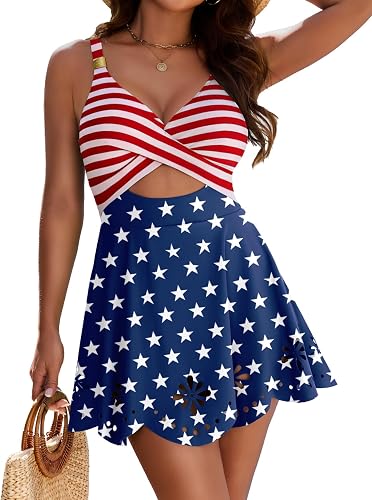Zojuyozio Women One Piece Swimsuit Cutout Skirt Bathing Suit,Americanflag,XL