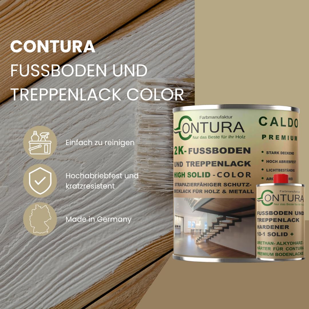 Contura 2K Fussbodenlack Treppenlack Farbe Buntlack Seidenmatt Dielenlack Parkettlack (9010 Reinweiß, 2,75Liter (2,75L+250ml Härter))