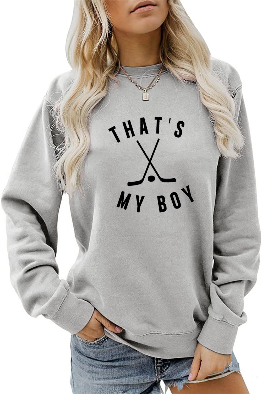 HapwalynThat's My Boy Ice Hockey Sweatshirt, Hockey Mama Shirt Women Casual Crewneck Pullovers Tops Funny Hockey Lover Gifts
