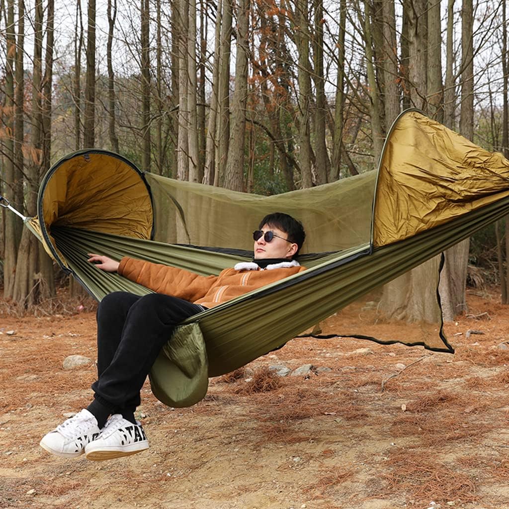 Camping Hammock, Anti-Rollover Hammock with Mosquito Net, 210t Nylon Hammock, Single and Double Outdoor Hammock, Portable Quick-Open Hammock (A)