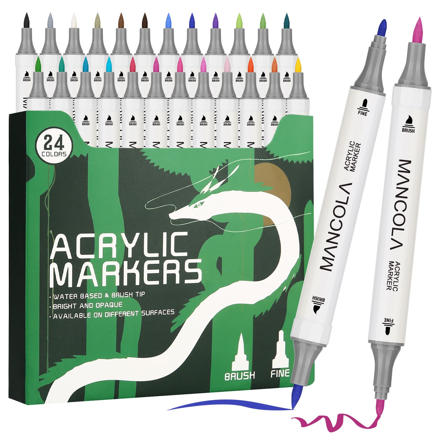 mancola Lápices acrílicos para piedras, resistentes al agua, punta doble, 24 colores, multimarcador para pintar, marcadores acrílicos para madera, lienzo, vidrio, papel, cerámica