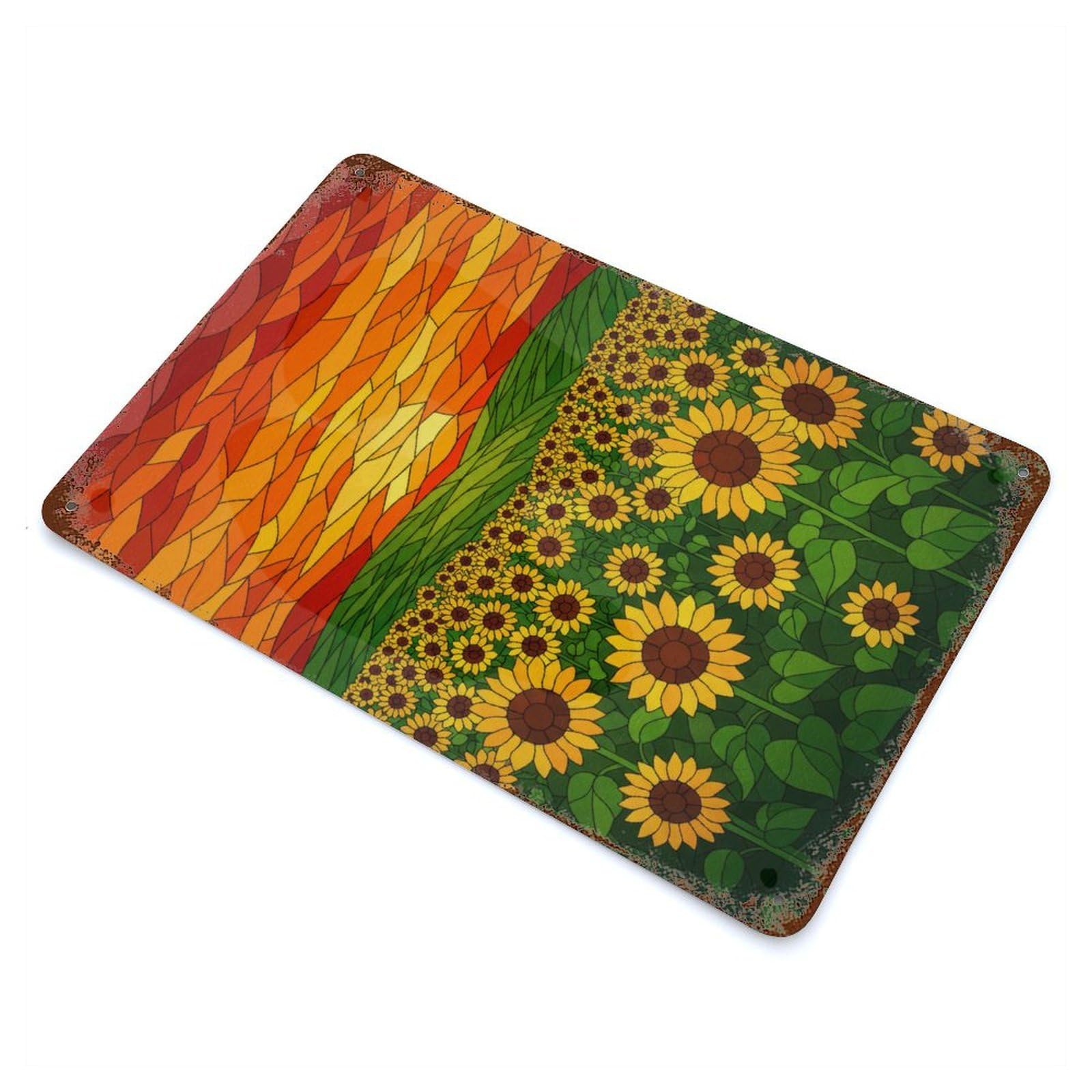 Stained Glass Sunflower Field at Sunset 11.8"x7.9" Rust Effect Tin Sign, Decorative Metal Wall Art for Garage, Bar And Workshop Decor