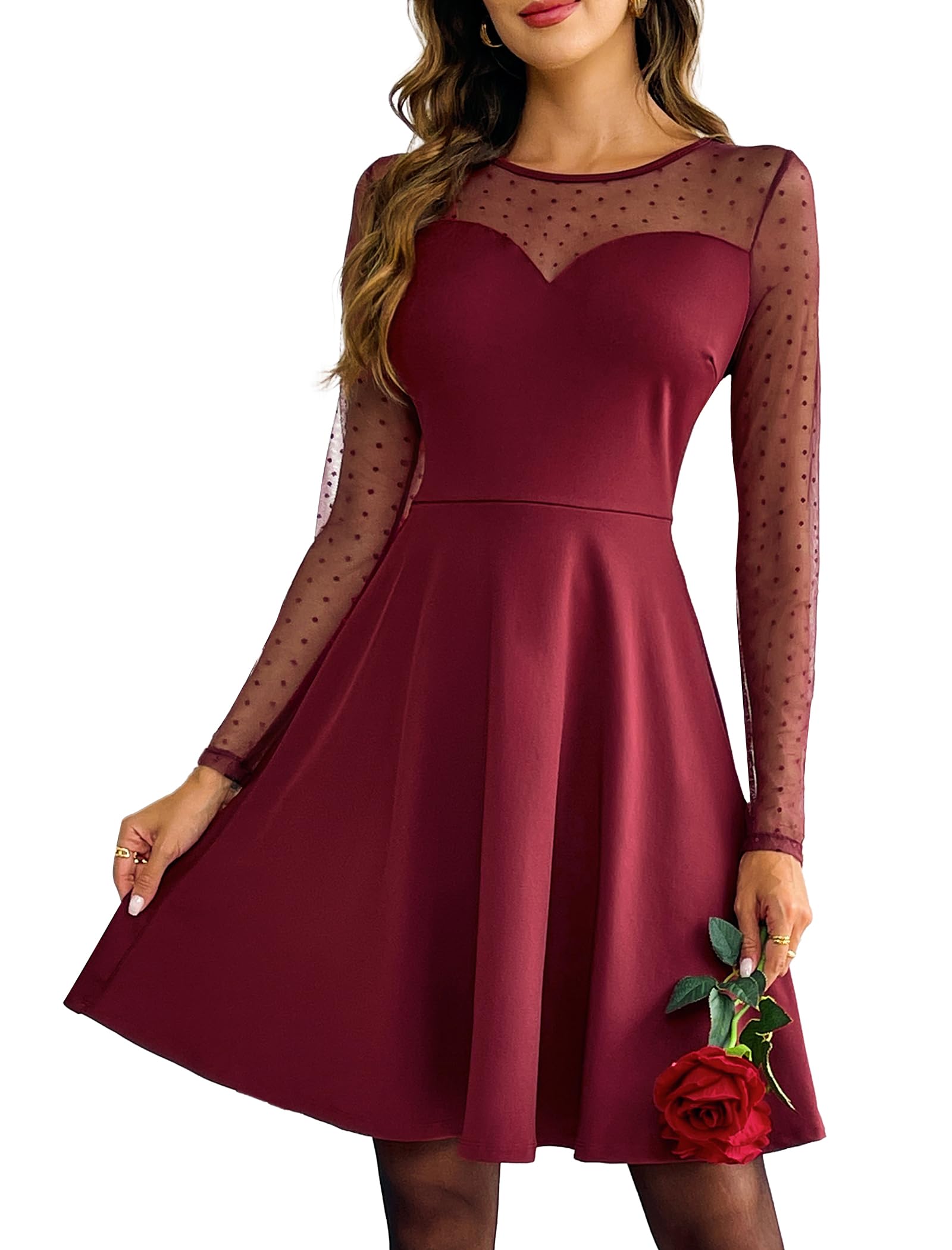 Zeagoo Vestido de mujer de encaje elegante a línea vestido de fiesta de cintura alta vestido de cóctel mini vestido de patinadora festivo vestido de malla monocolor sexy vestido de swing