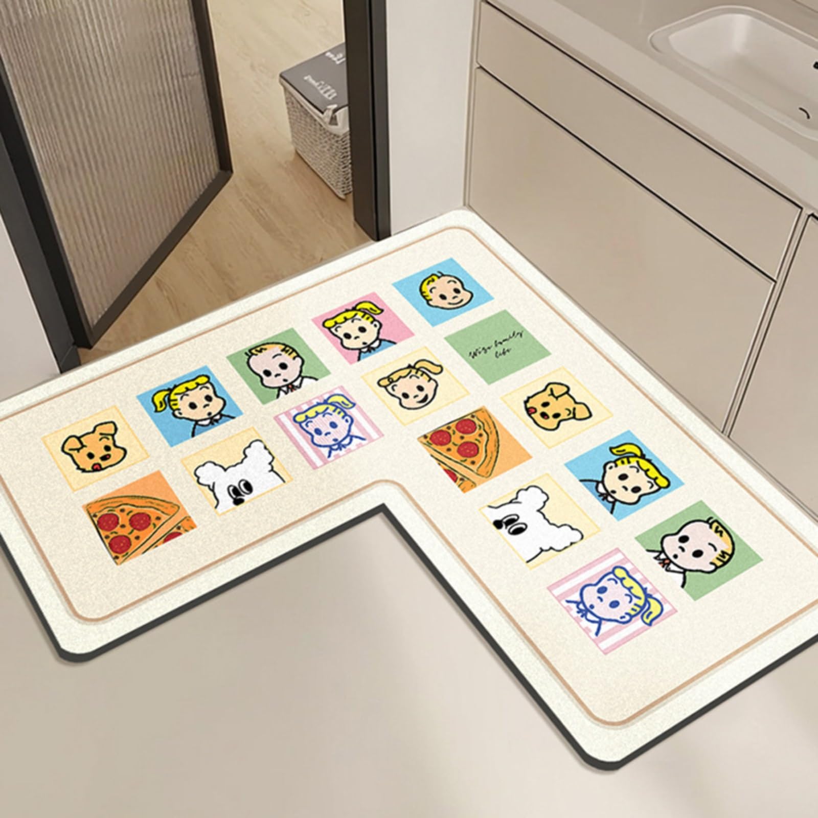 Tapis de bain antidérapant floral en L 70x70 cm pour sécuriser l'évier