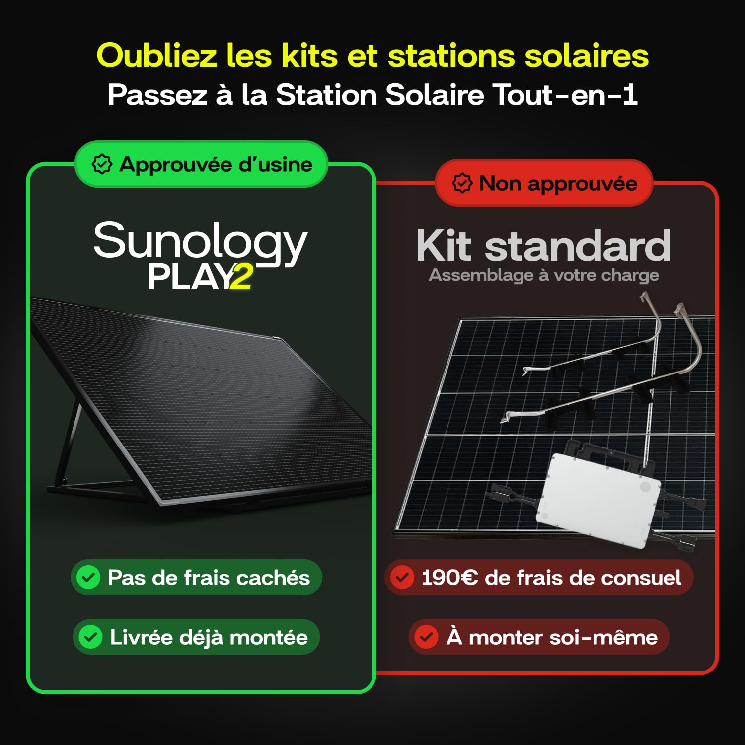 Sunology PLAY – Station Solaire Plug & Play 480W – Technologie HIBC Ultra Black – Rendement ≥235W/m² – Inclinaison Réglable – IP65 Anti-Grêle – N°1 en Europe – Prise 220V – Compatible Mono & Triphasé