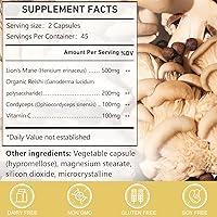 Vista 2 de Organic Mushroom Complex Capsules with Lion's Mane, Cordyceps, Reishi, Help for Cognitive Focus, Immune Support & Brain Health, Vegan, Non-GMO, 90