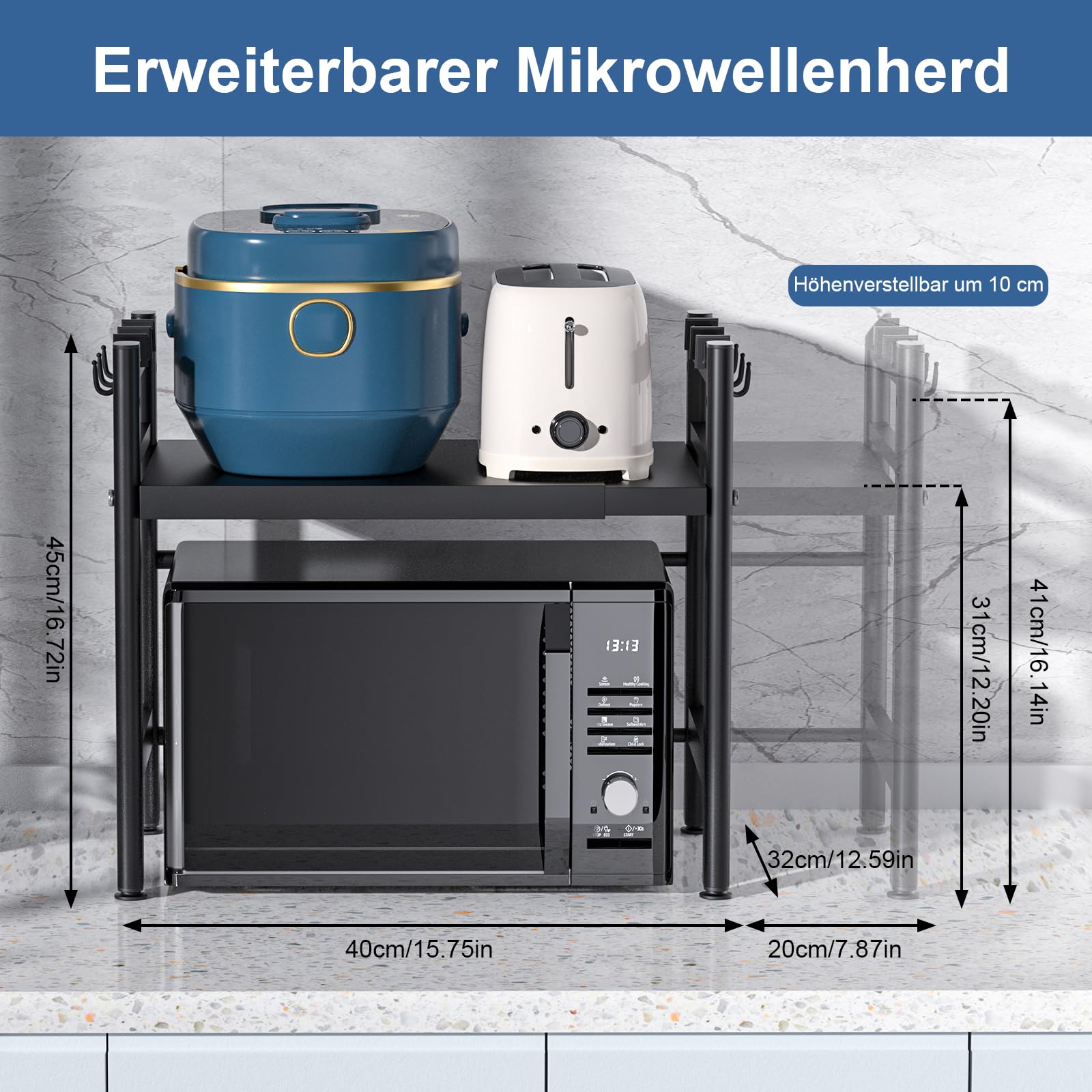 Mensola Microonde Scaffale da Cucina, Ripiani per Microonde con 6 Ganci, Estensibile Porta Microonde,Supporto Microonde (Nero)
