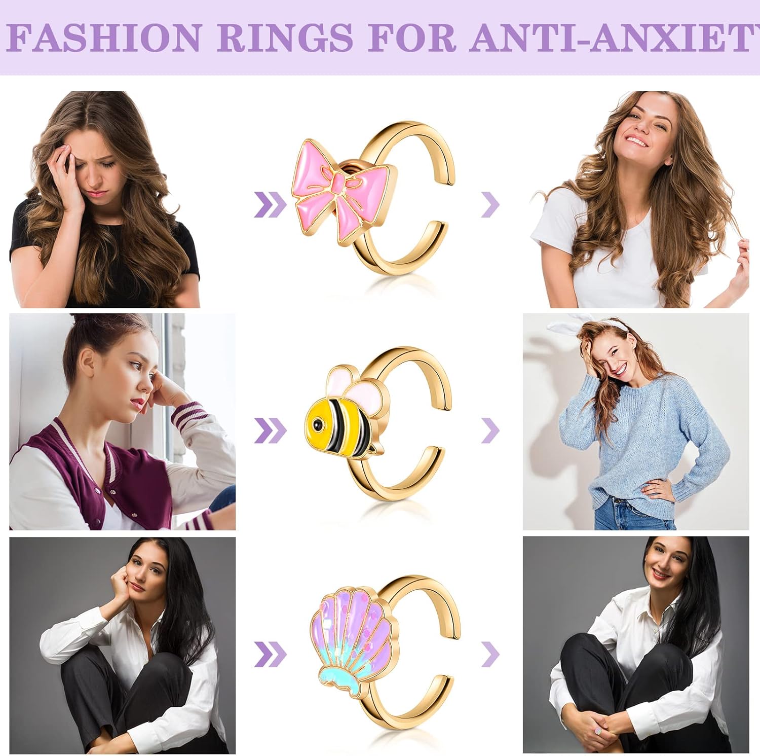 9 Pcs Fidget Anxiety Rings Rotatable Open Ring Set Cute Colorful Spinner Rings for Anxiety Stackable Rotating Calming Worry Adjustable for Women Lady Mood Relieve Stress - Image 4