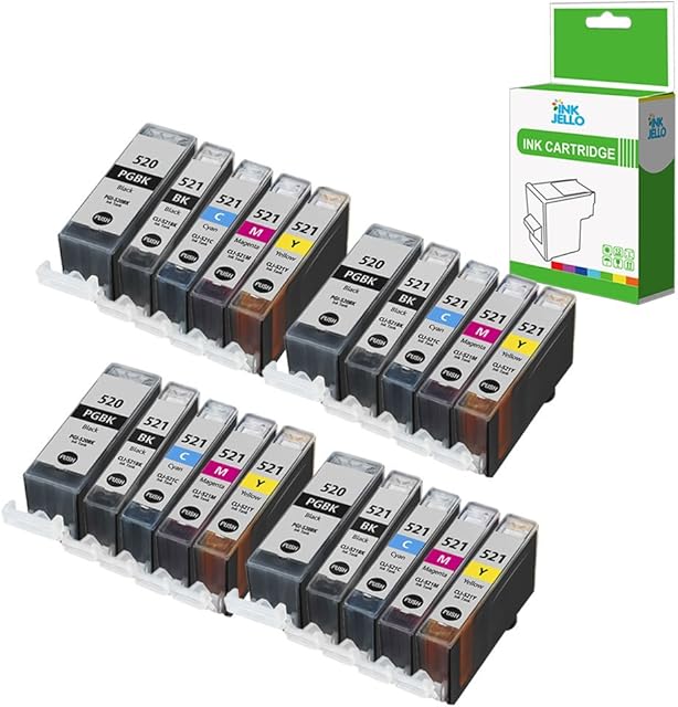 InkJello Compatible Ink Cartridge Replacement for Canon Pixma iP3600 iP4600 iP4700 MP540 MP550 MP560 MP620 MP630 MP640 MP980 MP990 MX860 MX870 PGI-520/CLI-521 (BK, C, M, Y, 20-Pack)