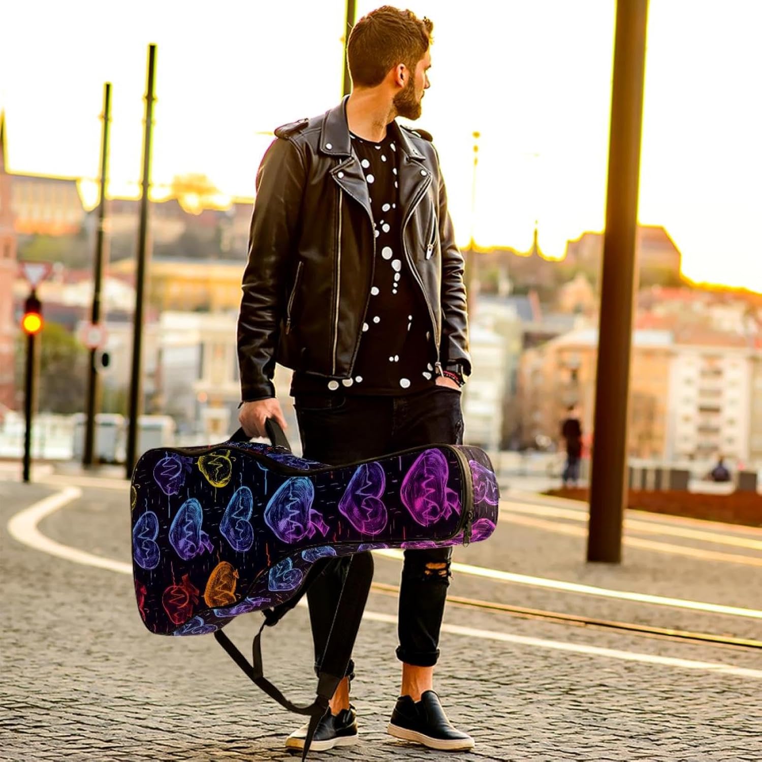 Acoustic Guitar Bag 0.4 Inch Thick Padding Waterproof Guitar Case Gig Bag for 40 41 42 Inch Electric Bass Classical Guitar, Electrocardiogram Heart Beat with Colorful Hearts