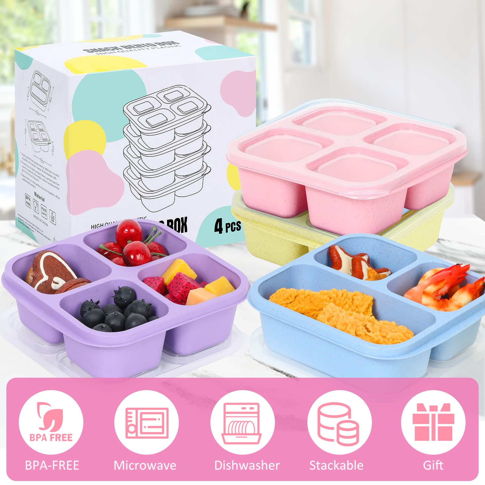 Bento Box For Kids, 4 Pack Reusable Lunch Snack Containers for Kids with 3 & 4 Compartments, Wheat Straw Meal Prep Lunch Box, Stackable Adult Lunchable Containers for Work, School and Travel, BPA Free