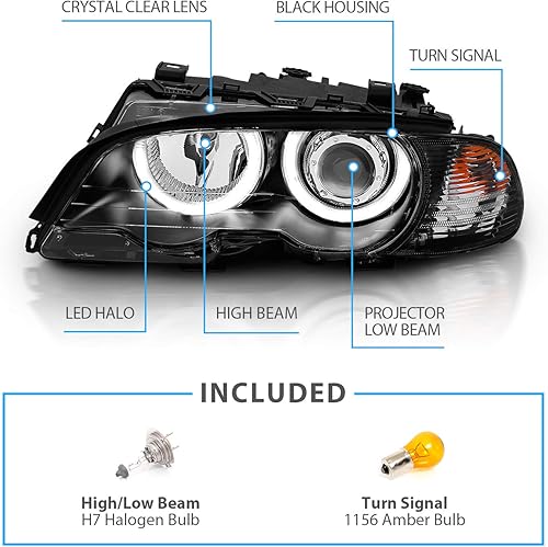 Miniatura 4 de AmeriLite Para 99-01 BMW Serie 3 E46 (M3) 2 puertas Coupé LED Halo Proyector Negro Faros delanteros con lámpara de esquina - Juego de pasajero y